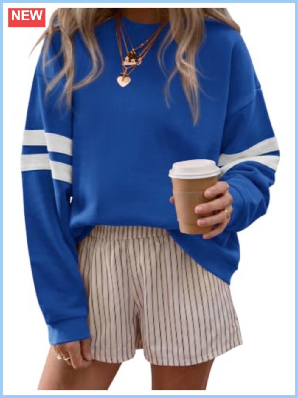 Varsity Striped Crew Neck Sweatshirt Women Long Sleeve Drop Shoulder